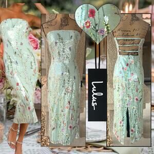 Lulus Malene Mint Floral Sequin Embroidery Strapless Midi Dress Size XS NEW